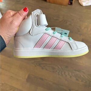 NWT Adidas Kids High-Top Sneakers - White, Pink, and Mint